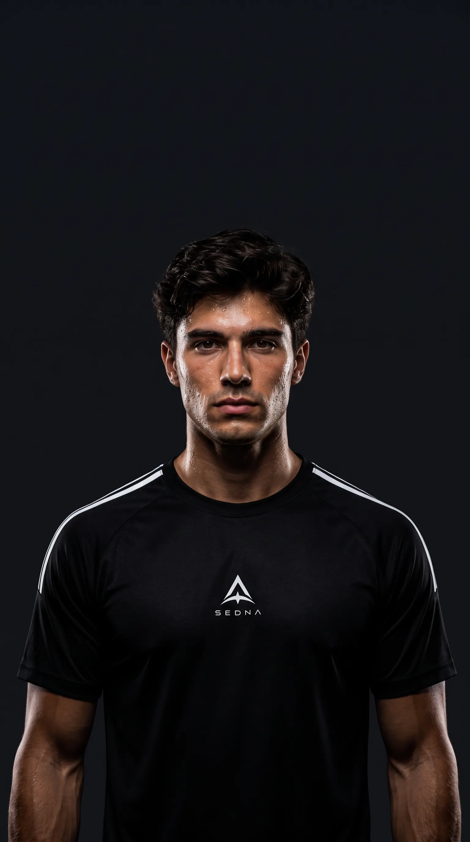 Modelo con la remera SEDNA negra después de entrenar